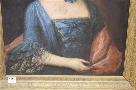 18th century English School, oil on canvas, Portrait of a lady wearing a blue dress, 72 x 62cm